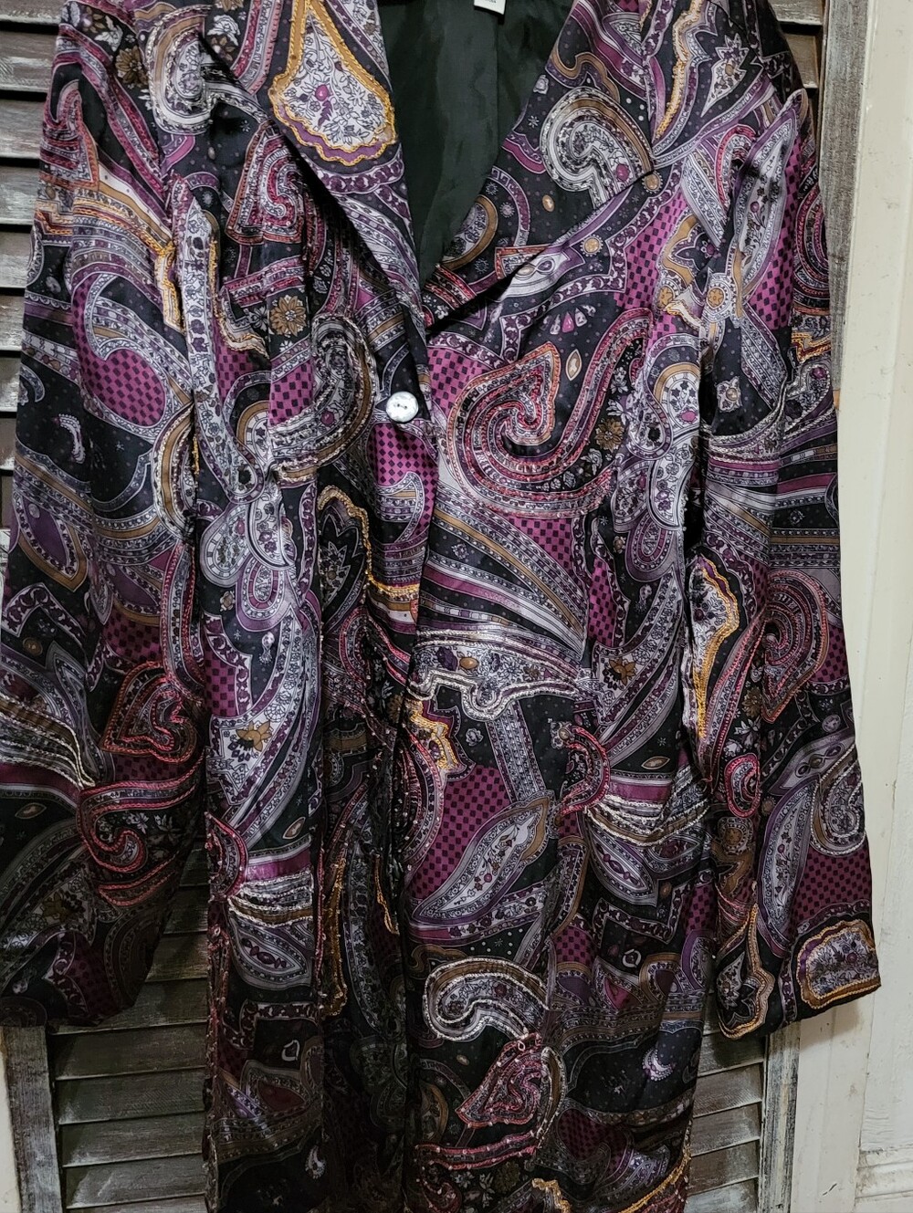 Coldwater Creek Black Satin Paisley  JACKET with Deep Purple & Gold Accents